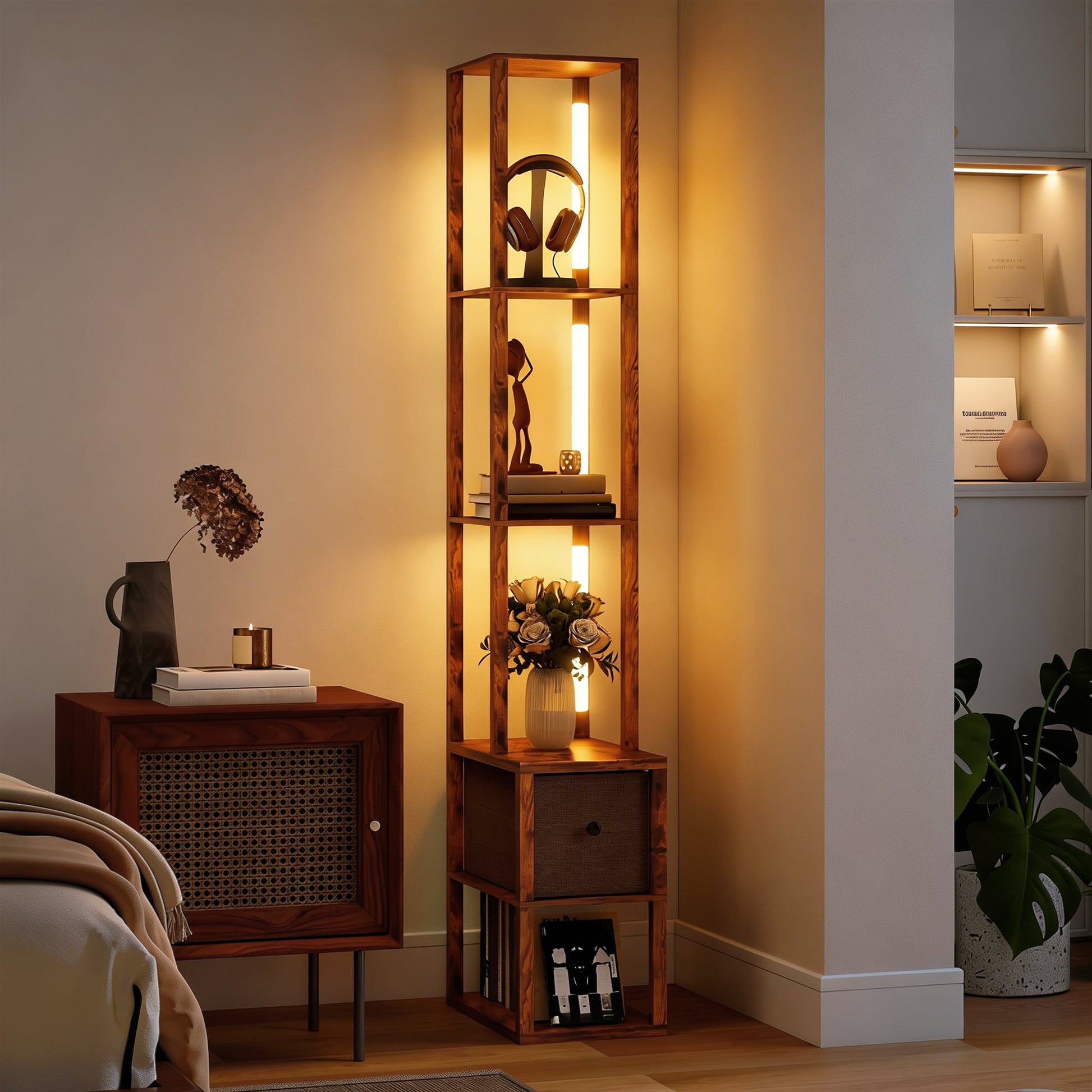 LightGlow Premium Floor Lamp with Shelves, LED Column Modern Standing Lamp with Fabric Drawer, Adjustable Brightness, Rustic Brown