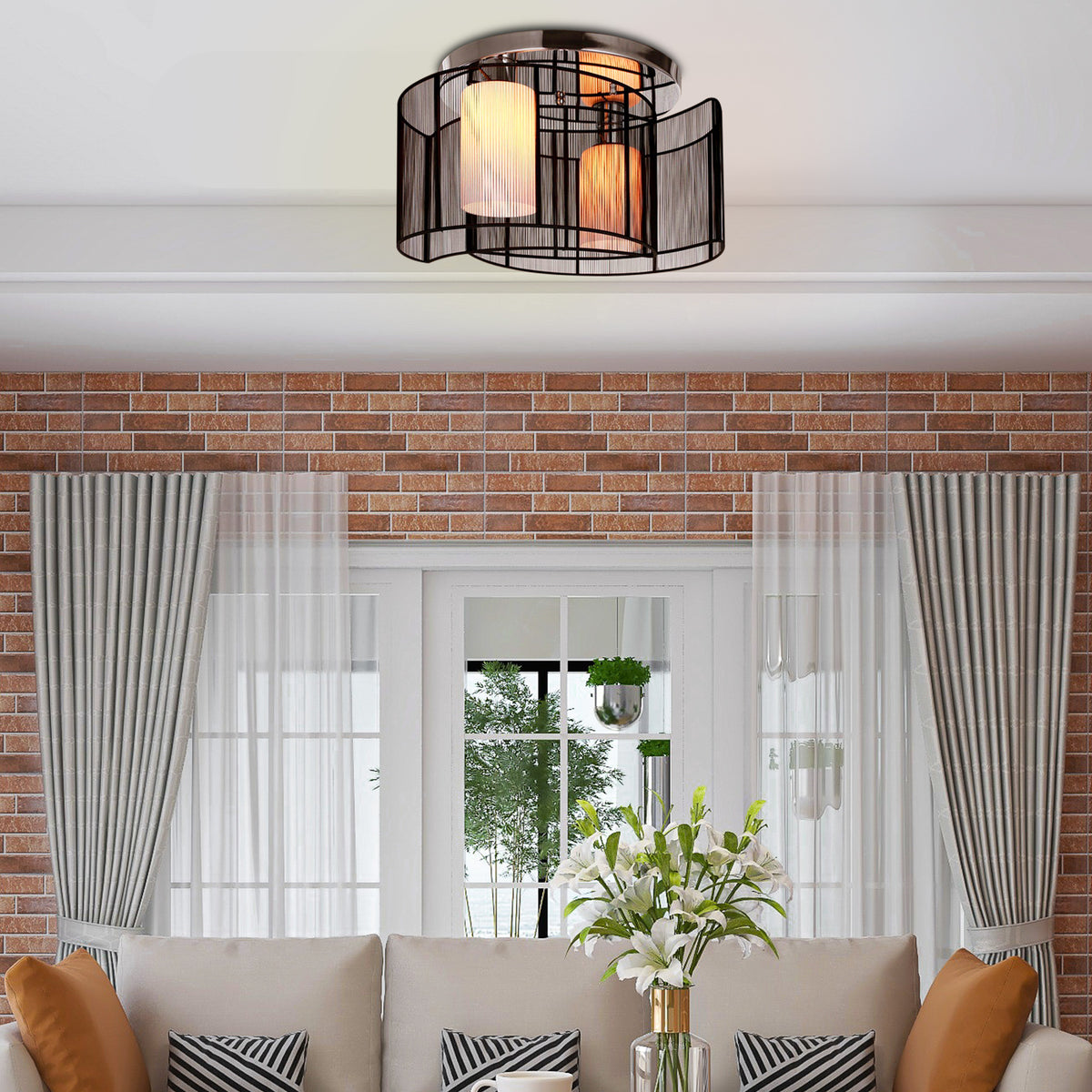 LightGlow Premium Modern Chandelier, Semi-Flush Mount Ceiling Light with Glass Lampshade, 2 x E27 Bulb Base for Hallway, Dining Room, Living Room, White and Black